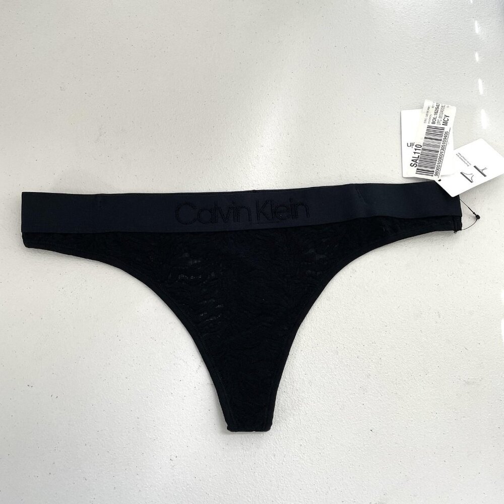 Calvin Klein Thong Panties Womens XL Black Lace Logo Waistband Ultra Soft CK